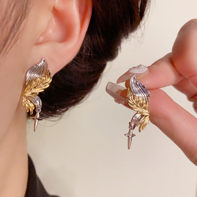 14K Gold-Plated Two-Tone Wing Drop Earrings - Unique Minimalist Design
