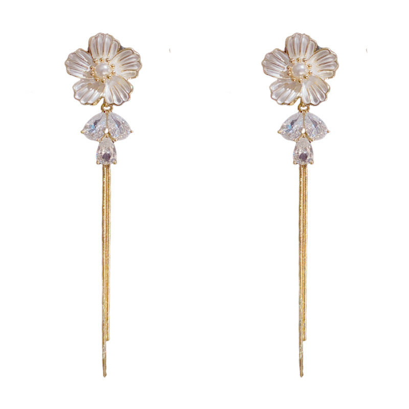 14K Gold Floral Crystal Tassel Drop Earrings – Elegant Slim Design