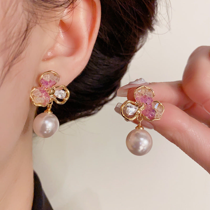 14K Gold Crystal Petal Pearl Drop Earrings - Chic Elegance Design