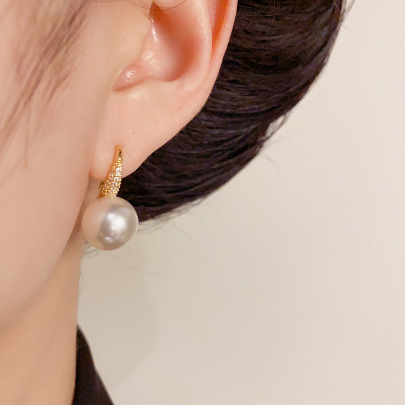 14K Gold-Plated Zircon High Heel Pearl Earrings – Elegant Korean Style