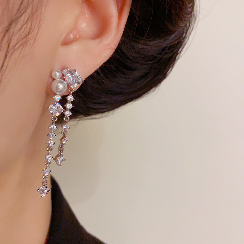 Luxury Full-Zircon & Pearl Long Tassel Drop Earrings– Geometric Design