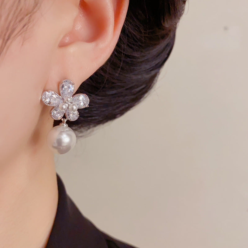 Eaioncol Floral Petal Drop Cubic Zirconia Pearl Earrings Gold