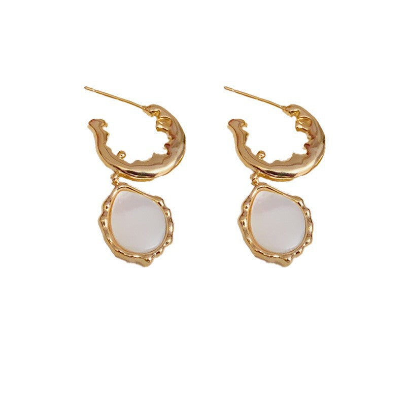 Elegant Metal & Mother-of-Pearl Drop Earrings – Geometric Design