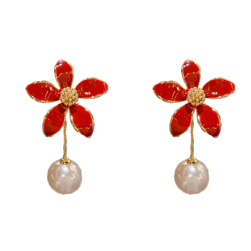 Luxury Red Enamel Petal Pearl Drop Earrings – Floral Design