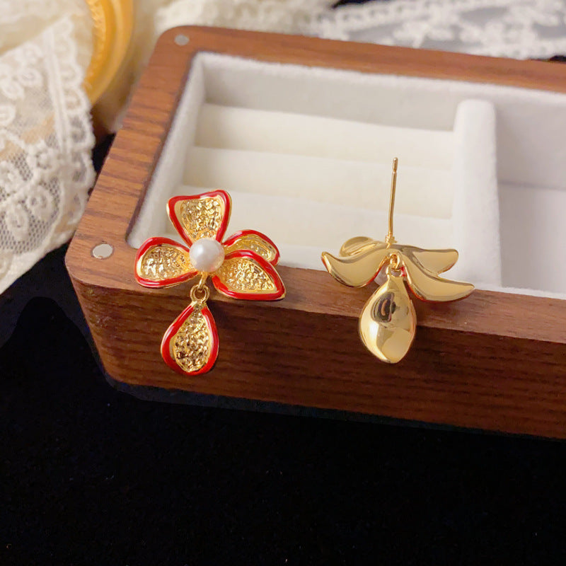 Luxury Red Metal Petal Drop Earrings – French Retro Design
