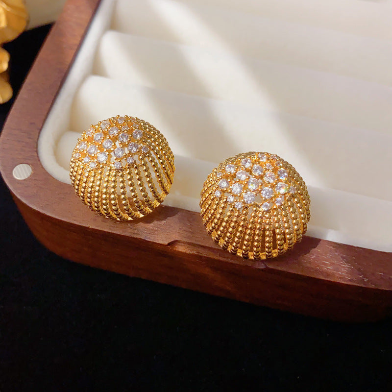 Elegant Zircon Hollow Round Metal Stud Earrings – Geometric Design