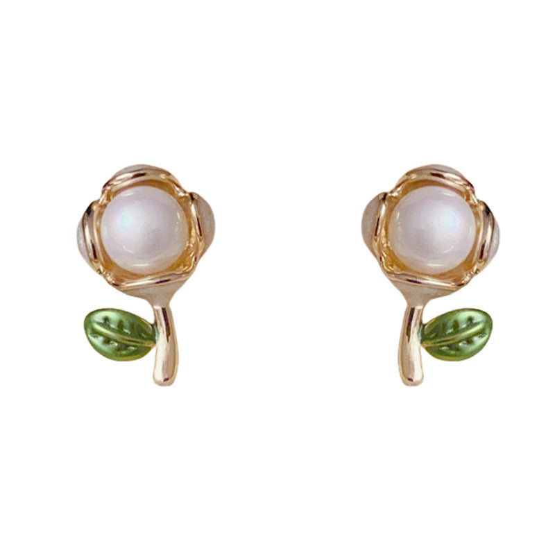 14K Gold Plated Enamel Pearl Bouquet Stud Earrings – Elegant Design