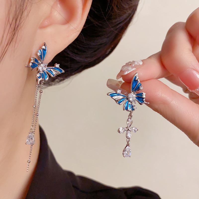 Asymmetrical Thin-Coat Butterfly Tassel Drop Earrings – Elegant Design