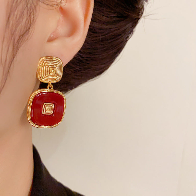 Elegant Metal Square & Red Block Drop Gold Earrings – Geometric Design