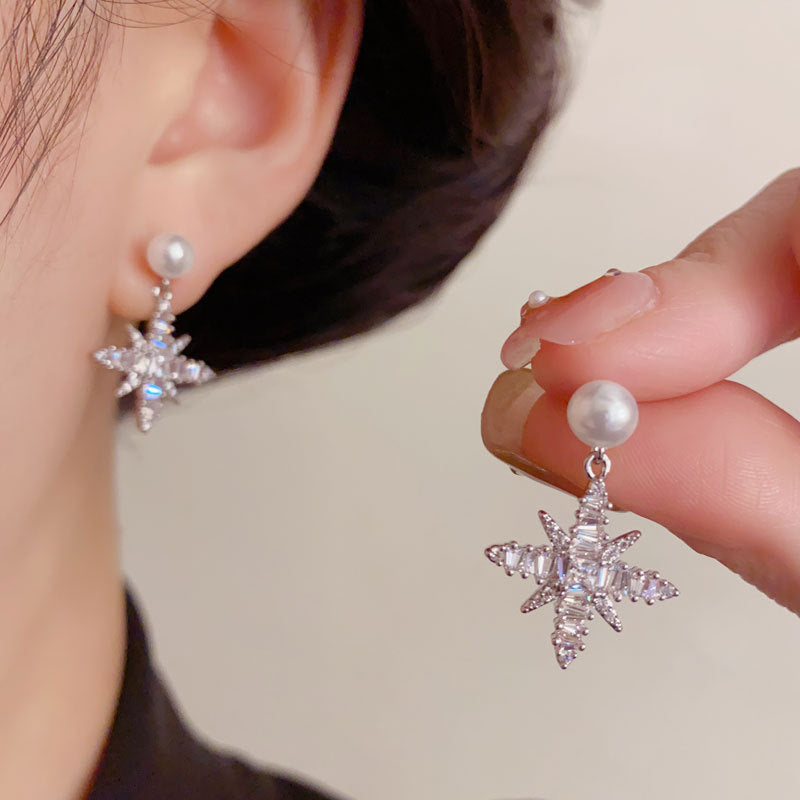 Elegant Zircon Starburst Pearl Drop Earrings – Celestial Design