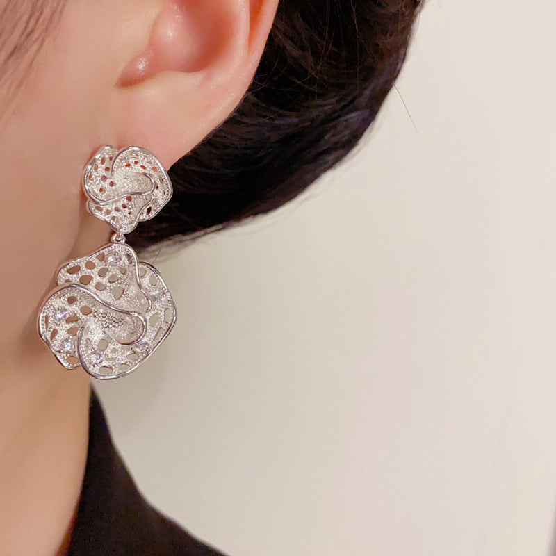 Elegant Metal Hollow 3D Flower Drop Earrings – Floral Design