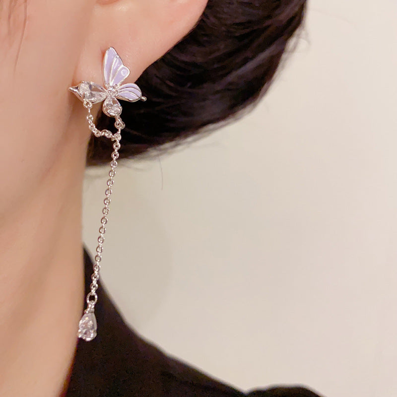 14K Gold-Plated Zircon Butterfly Chain Tassel Earrings– Elegant Design