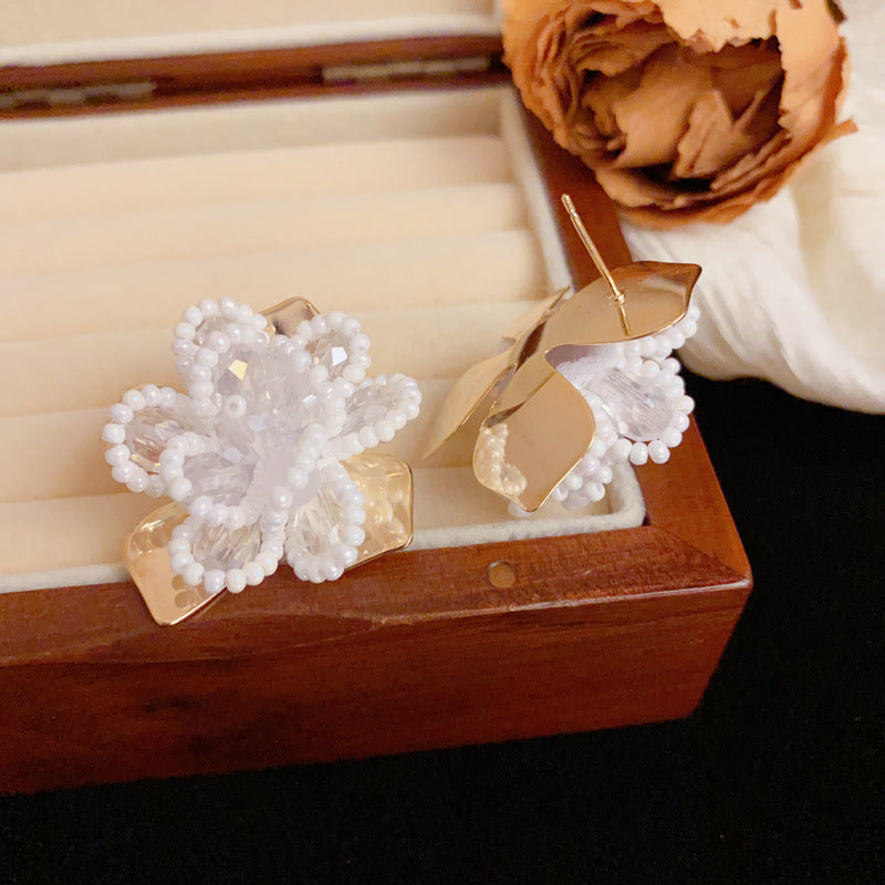 Luxury Beaded Crystal & Petal Stud Flower Earrings – Elegant Design