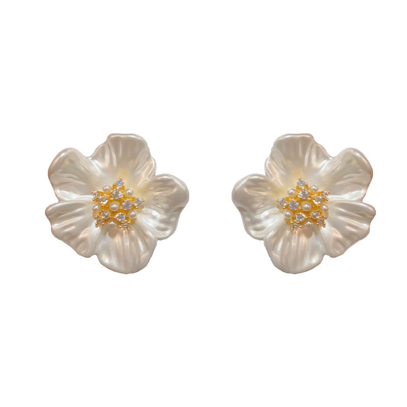 14K Gold-Plated Camellia Flower Pear Earrings - Elegant Floral Design