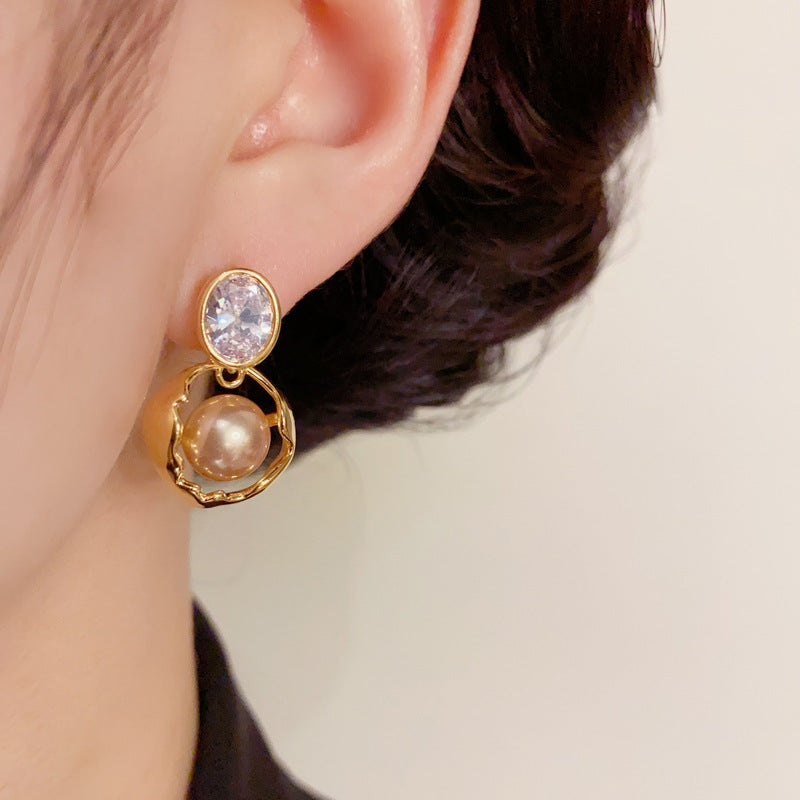 14K Gold-Plated Brown Pearl Circle Drop Earrings – Minimalist Design