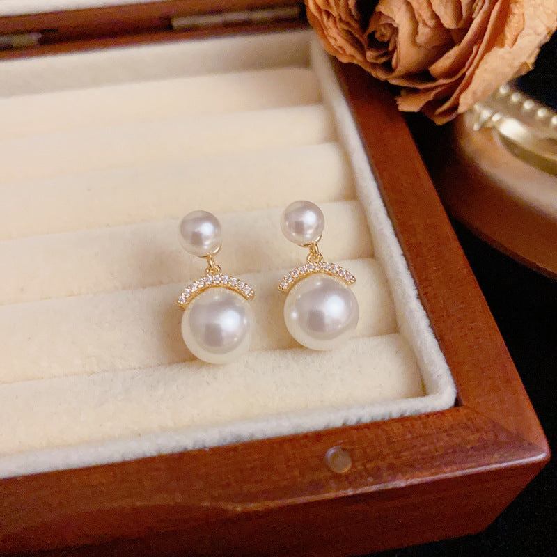 Luxury Zircon Bar & Pearl Stud Real Gold Earrings – Elegant Design