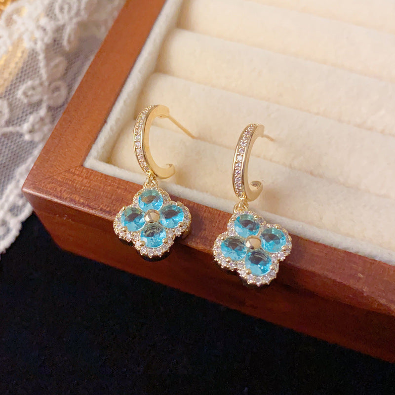 Luxury Blue Crystal Four-Leaf Clover Drop Earrings – Floral Design