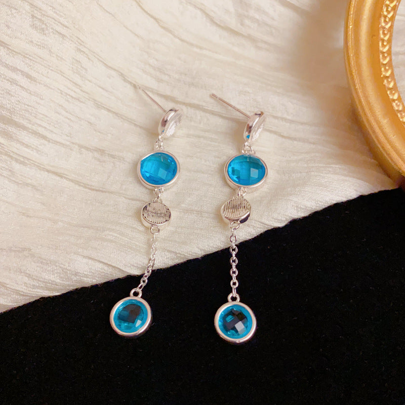 Elegant Blue Crystal Long Tassel Drop Earrings – Geometric Design