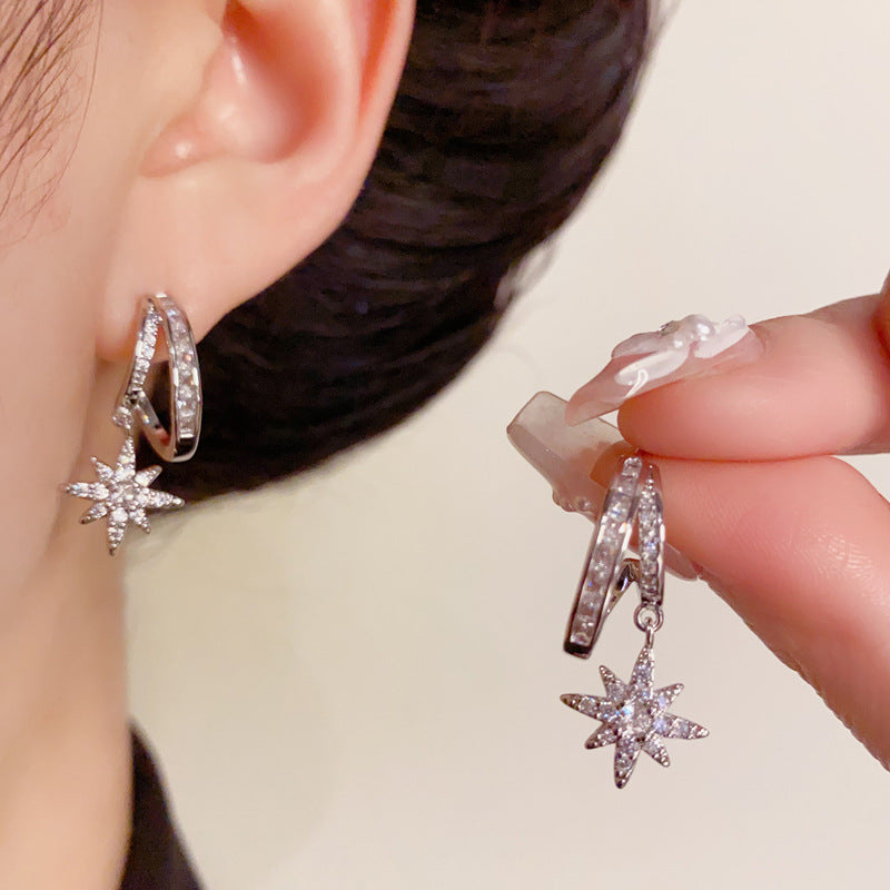 14K Gold Full Zircon Eight-Pointed Star Drop Earrings – Chic Design