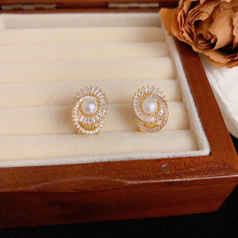 Luxury Zircon Linked Pearl Oval Stud Gold Earrings – Geometric Design