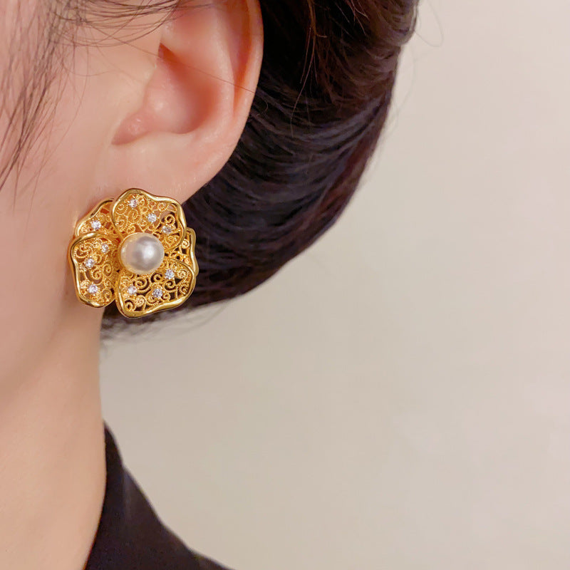 Elegant Hollow Metal Pearl Petal Stud Earrings – Floral Design