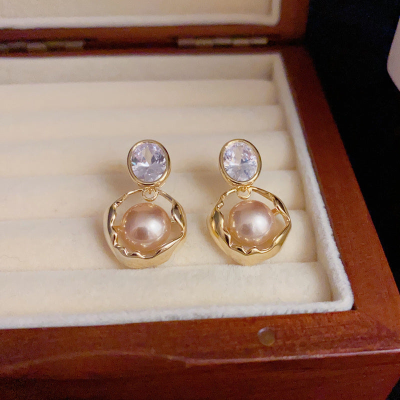 14K Gold-Plated Brown Pearl Circle Drop Earrings – Minimalist Design