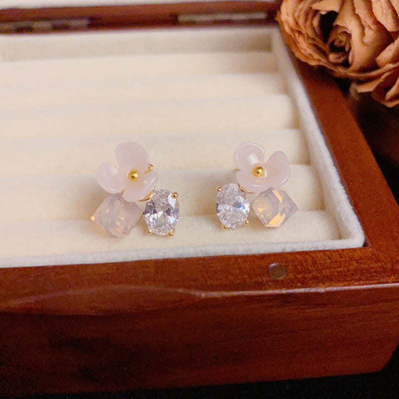 Pink Flower Zircon & Square Crystal Earrings – Elegant Floral Design