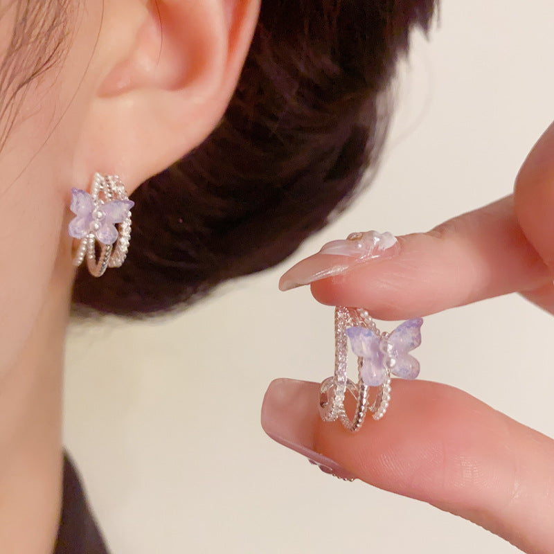 14K Gold Zircon & Pearl Purple Butterfly Hoop Earrings– Elegant Design