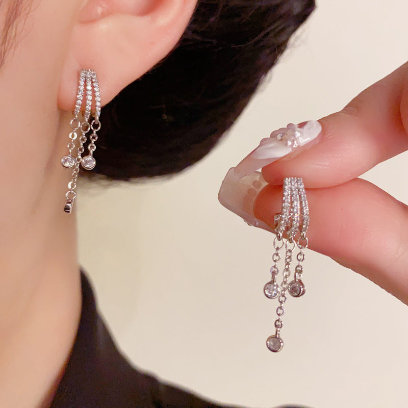 Luxury Zircon Triple Tassel Drop Earrings – Elegant Design