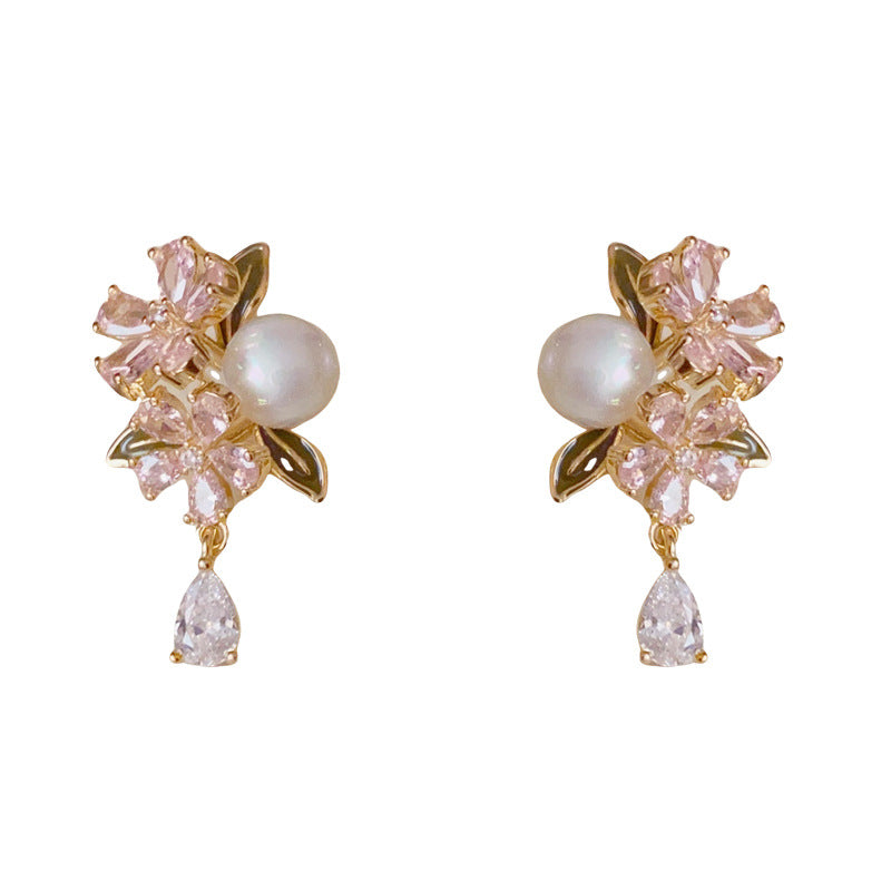 Elegant Pink Flower Waterdrop Gold Earrings – Silver Needle Design