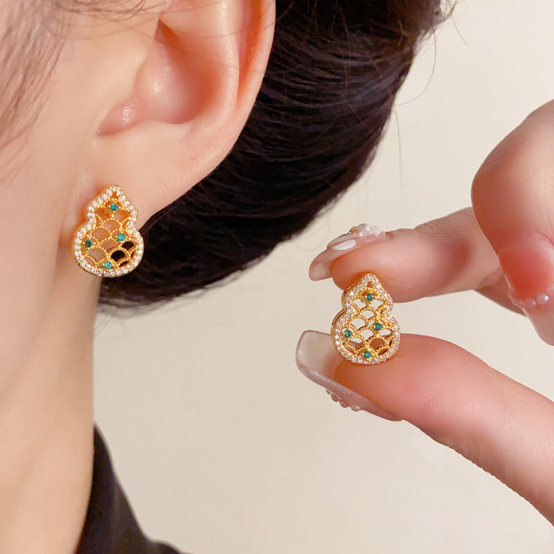 Elegant Full-Zircon Hollow Gourd Stud Earrings – Auspicious Design