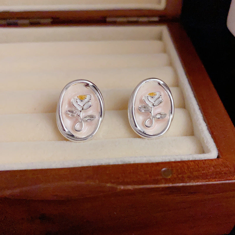 14K Gold-Plated Rose Oval Enamel Stud Earrings – Vintage Chic Design