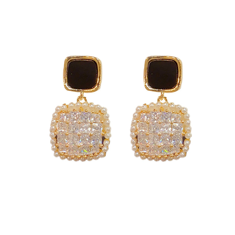 14K Gold-Plated Square Zircon Pearl Drop Earrings -Vintage Chic Design