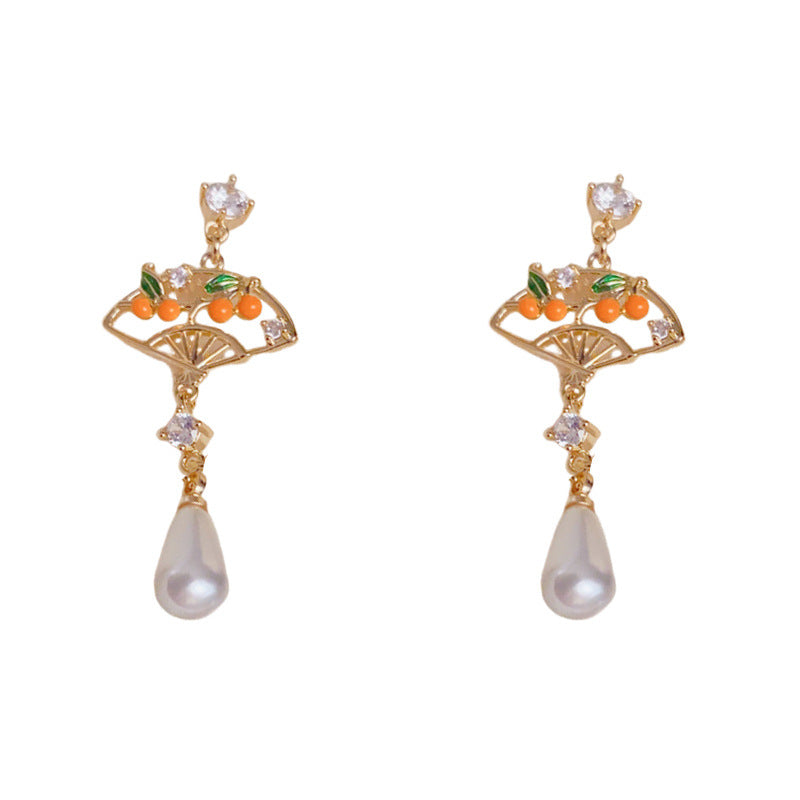 Enamel Persimmon Fan Teardrop Pearl Drop Earrings – Elegant Design