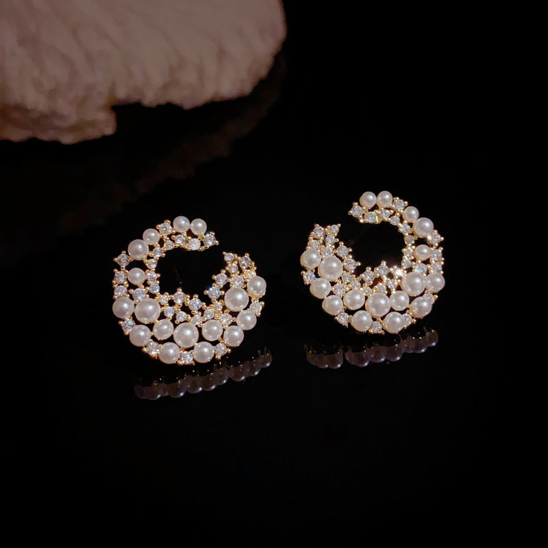 Zircon & Pearl C-Shaped Stud Gold Earrings – Elegant Geometric Design