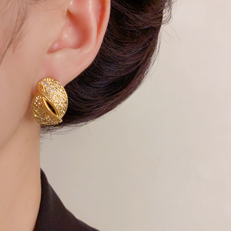 Elegant Zircon Metal Leaf Stud Earrings – Floral Design