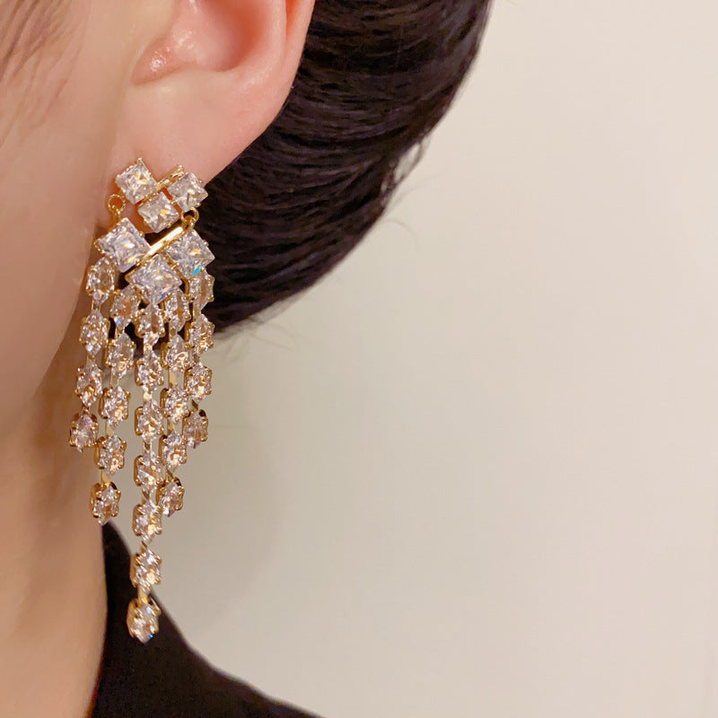 14K Gold-Plated Full Diamond Heart Tassel Earrings – Glamorous Design