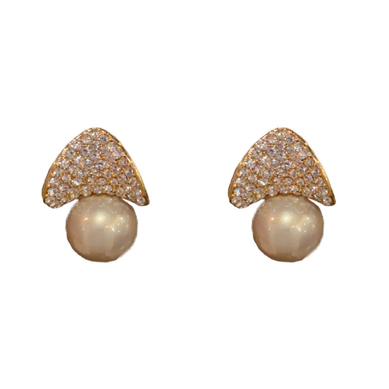 Elegant Zircon Geometric Pearl Stud Earrings – French Retro Design