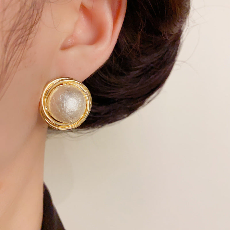 14K Gold Metal-Wrapped Cotton Pearl Stud Earrings – Elegant Design