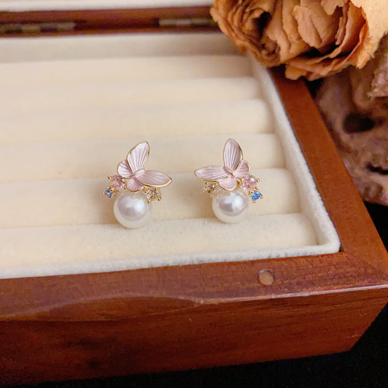 Luxury Pink Butterfly & Pearl Stud Gold Earrings – Elegant Design