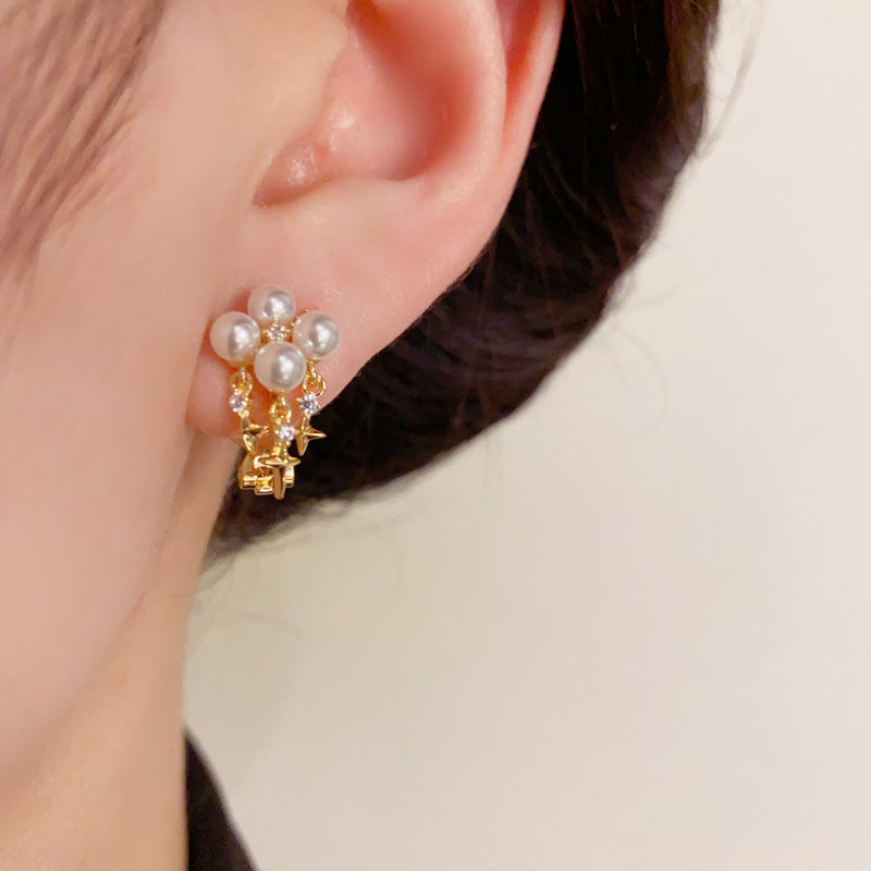 14K Gold-Plated Pearl Star Tassel Clip-On Earrings– No Piercing Needed