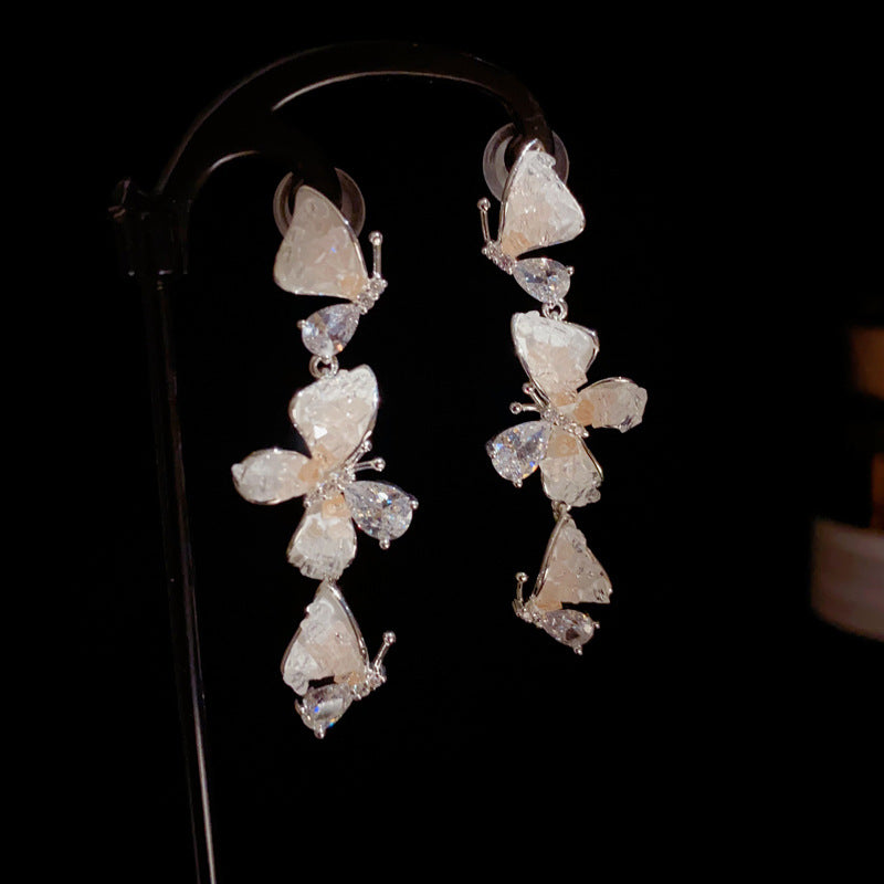 14K Gold Gradient Crystal Butterfly Tassel Earrings – Elegant Design