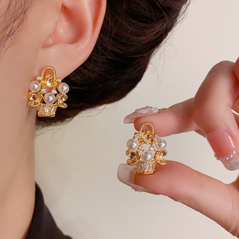 Elegant Zircon Pearl Metal Basket Flower Gold Earrings – Floral Design