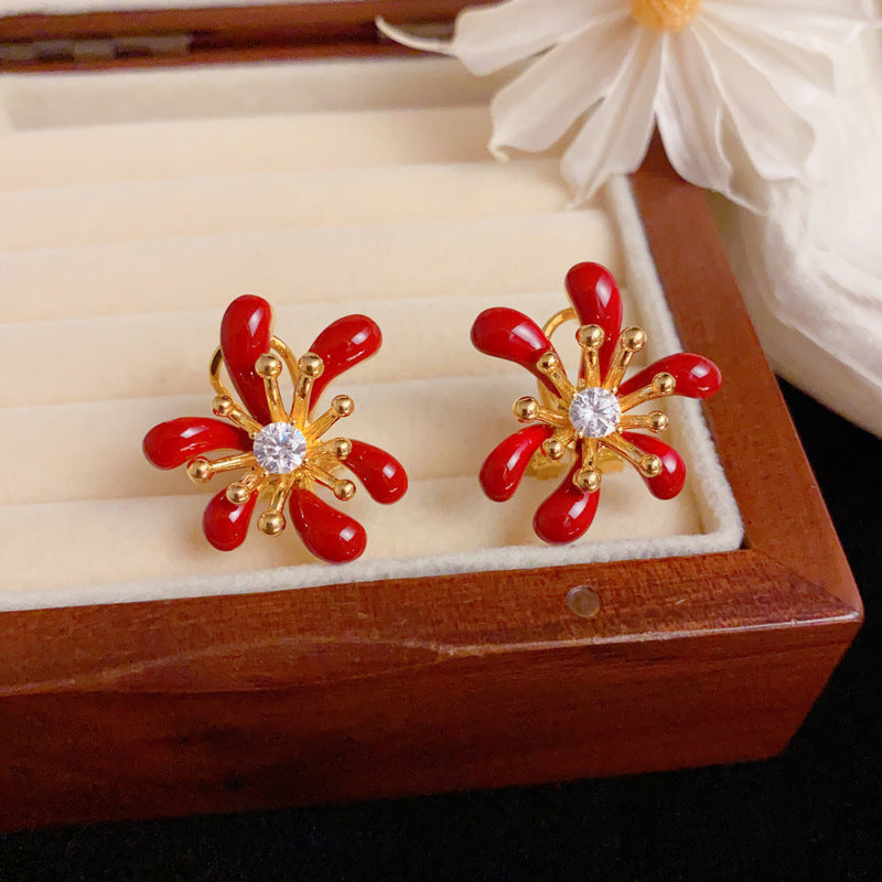 Luxury Zircon Red Firework Earrings – Elegant Floral Design