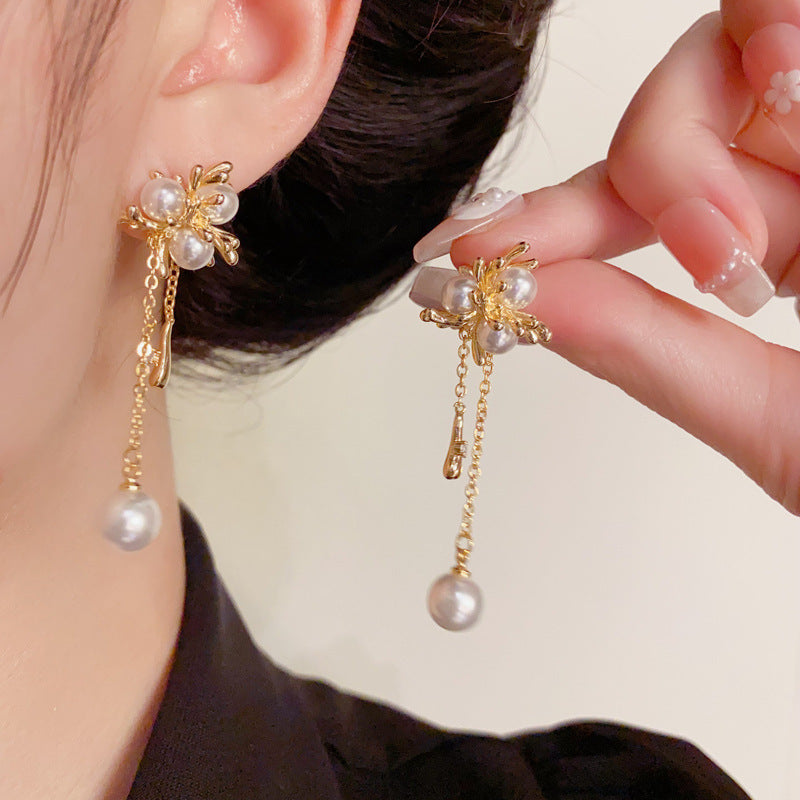 Elegant Metal Knotted Pearl Tassel Drop Earrings – Geometric Design