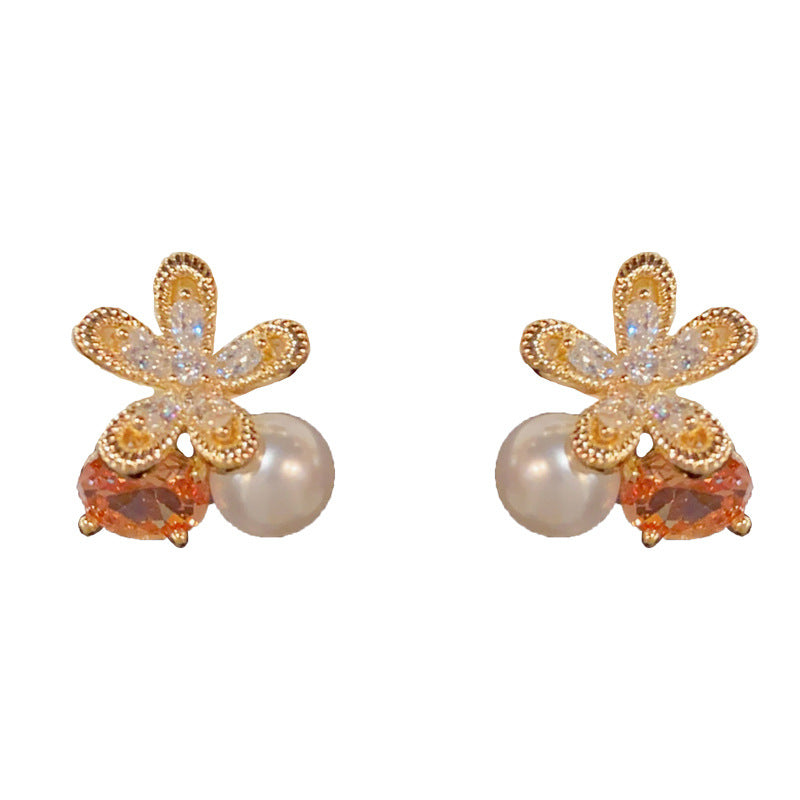 Elegant Zircon Petal Pearl Stud Earrings – French Minimalist Design