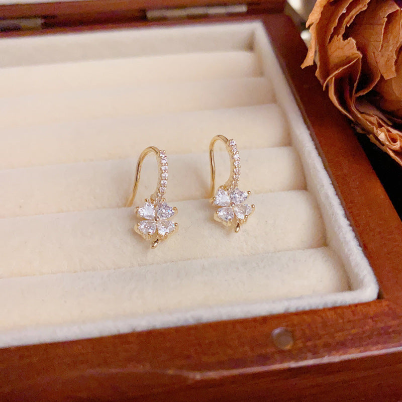 Luxury Zircon Four-Leaf Flower Hook Earrings – Elegant Flower Design
