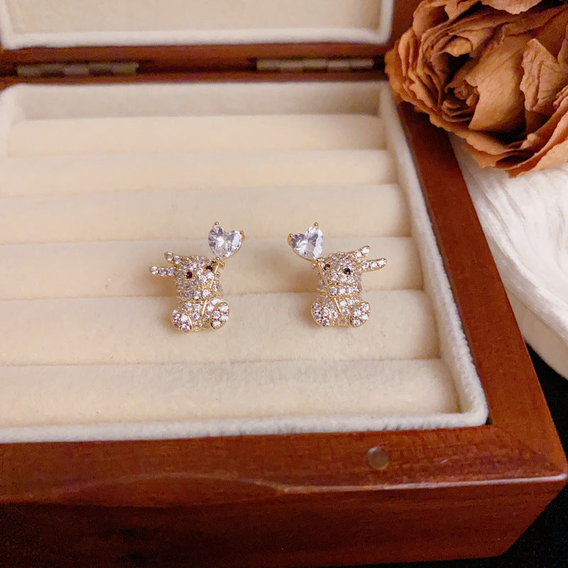 Luxury Zircon Rabbit & Heart Stud Earrings – Animal-Inspired Design