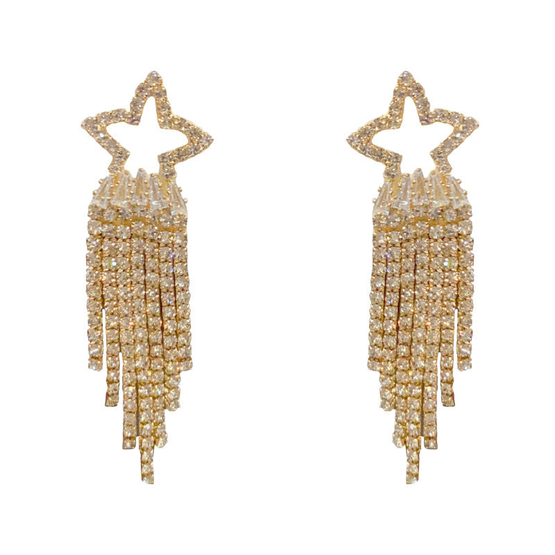 14K Gold-Plated Full Zircon Star Tassel Earrings–Sparkling Chic Design