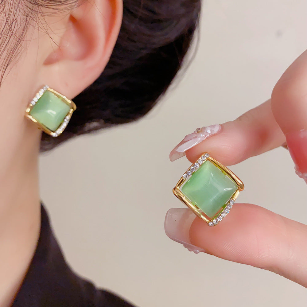 Eaioncol Green Cat Eye Rhombus Stud Earrings Gold